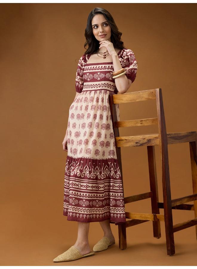 Globus Women Maroon Square Neck Puff Sleeves Ethnic Print Smocked Tiered Fit & Flare Midi Dress - Image 1